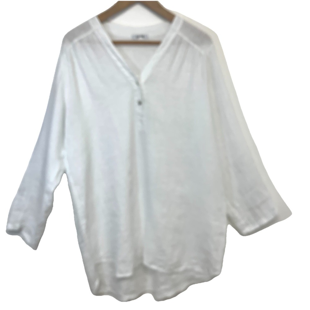 Rosemarine White Linen Pop Over Tunic Top Large Long Roll Tab Lagenlook Vacation